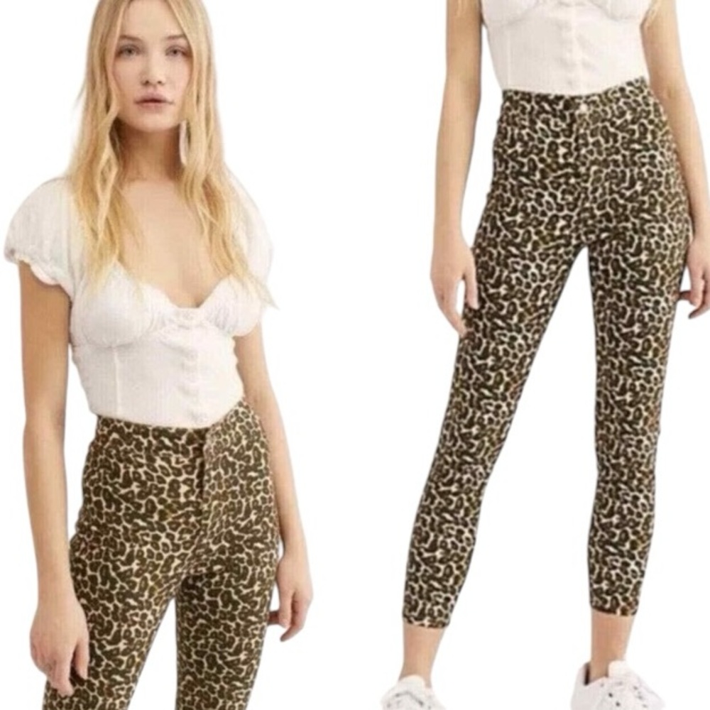 Free People Leopard Print Cropped Skinny Pants Sz 29 High Rise Cotton Blend - Picture 1 of 10